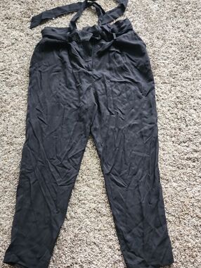 Women's High-Waist Paperbag Pants with Tie - Black